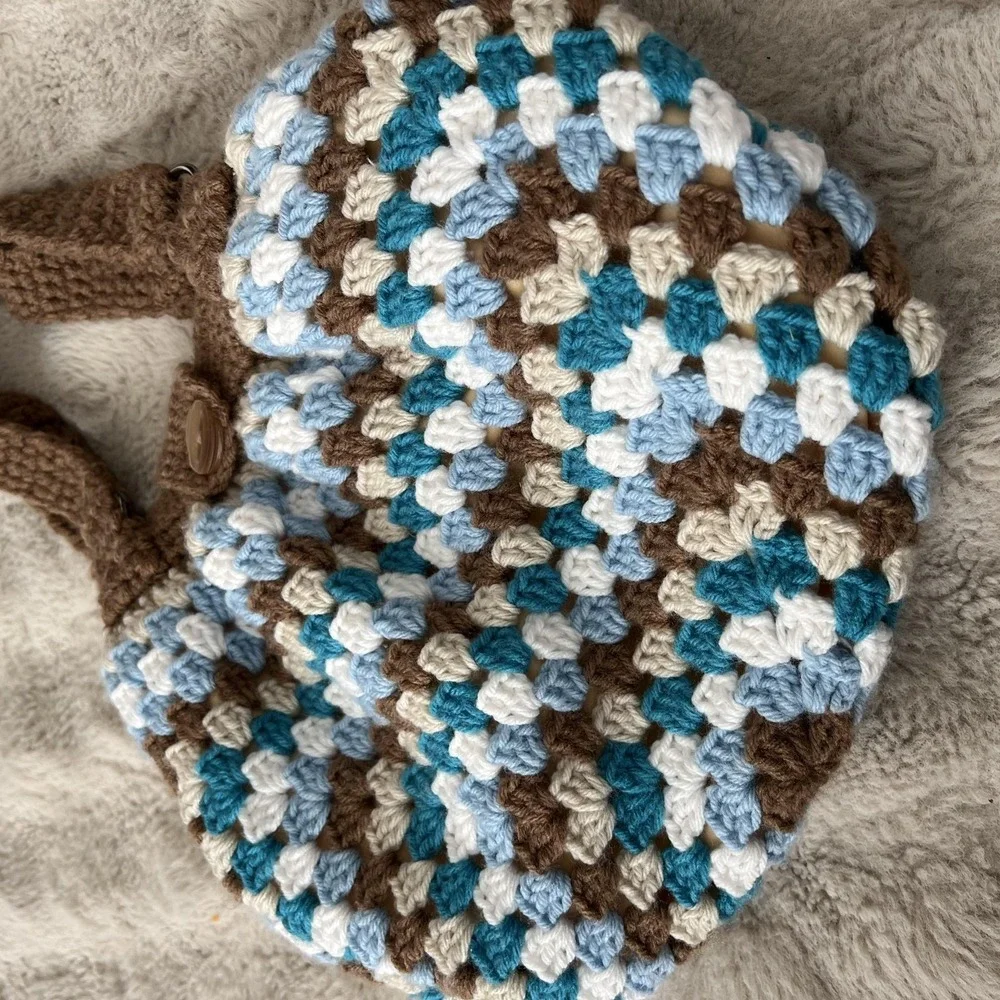 Crochet Shoulder Bag Womens Medium Multicolor Boho Lined Button Purse Handbag